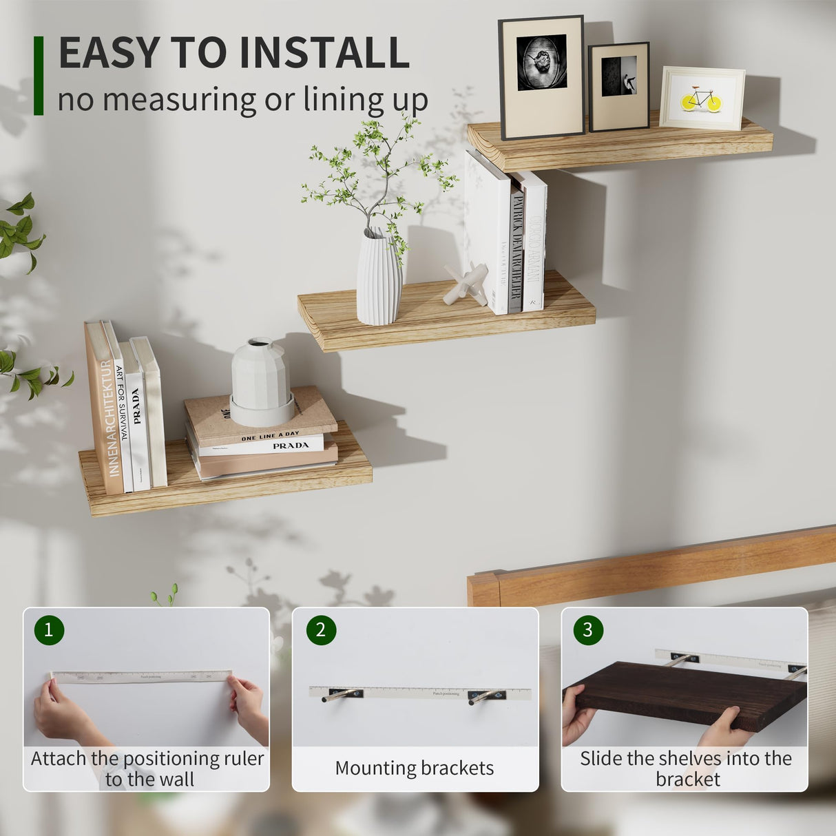 Floating Shelves, 17 Inch Wall Shelf Set of 3, Rustic Wood Shelves for Wall Storage, Wall Mounted Wooden Display Shelf for Bedroom Kitchen, Marsmiles