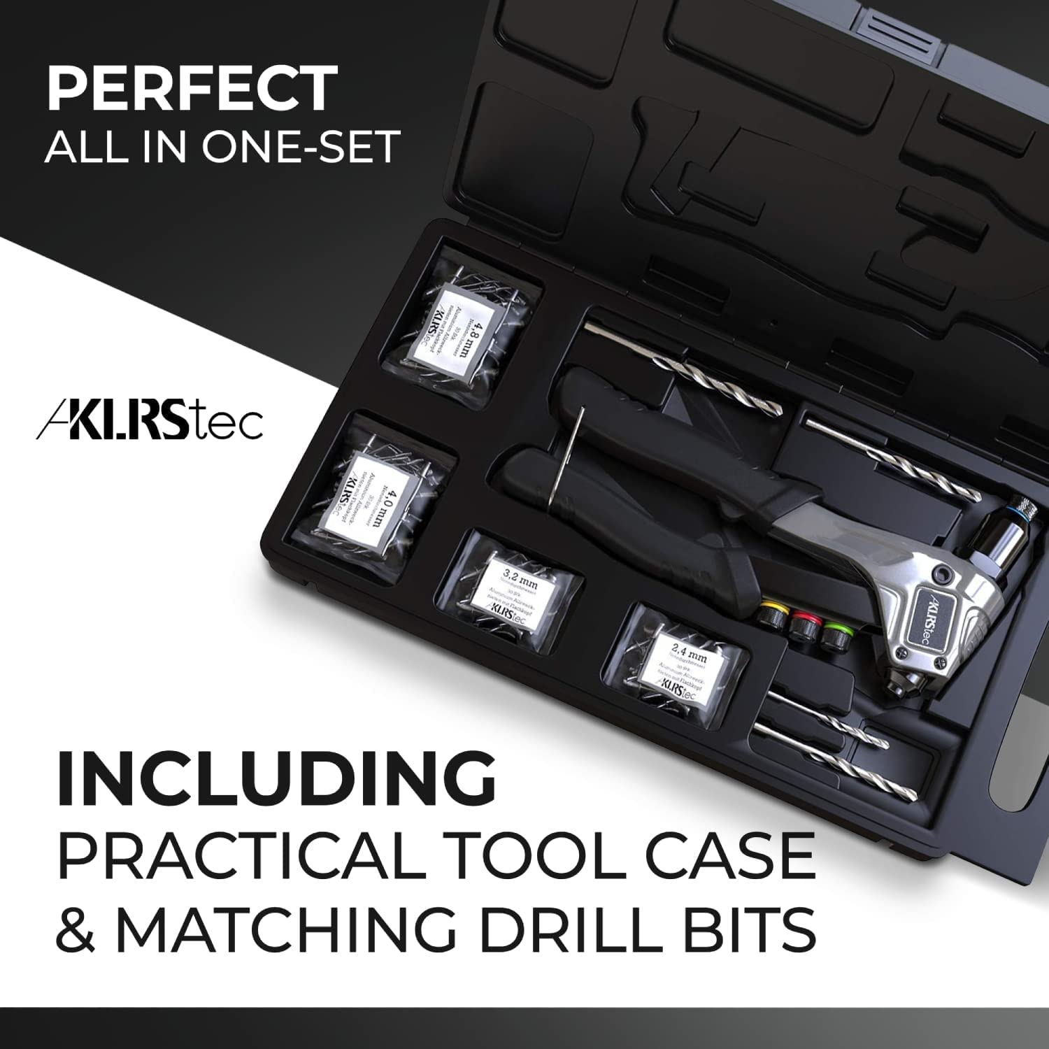 KLRStec Professional Rivet Gun Kit incl. 120 Pop Rivets and 4 HSS Drills - High quality Pop Rivet Tool Kit for processing Blind Rivets KLRS