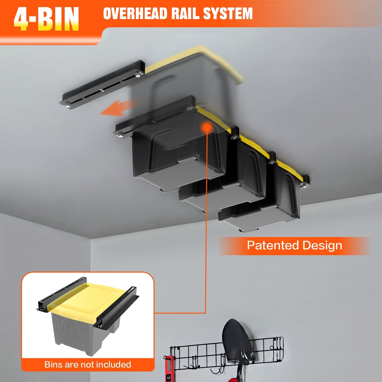 TORACK Garage Ceiling Bin Storage Rack, Overhead Tote Storage Rail System Heavy Duty Adjustable Tote Slide Garage Storage System(for 4 Bins, Bins are - WoodArtSupply