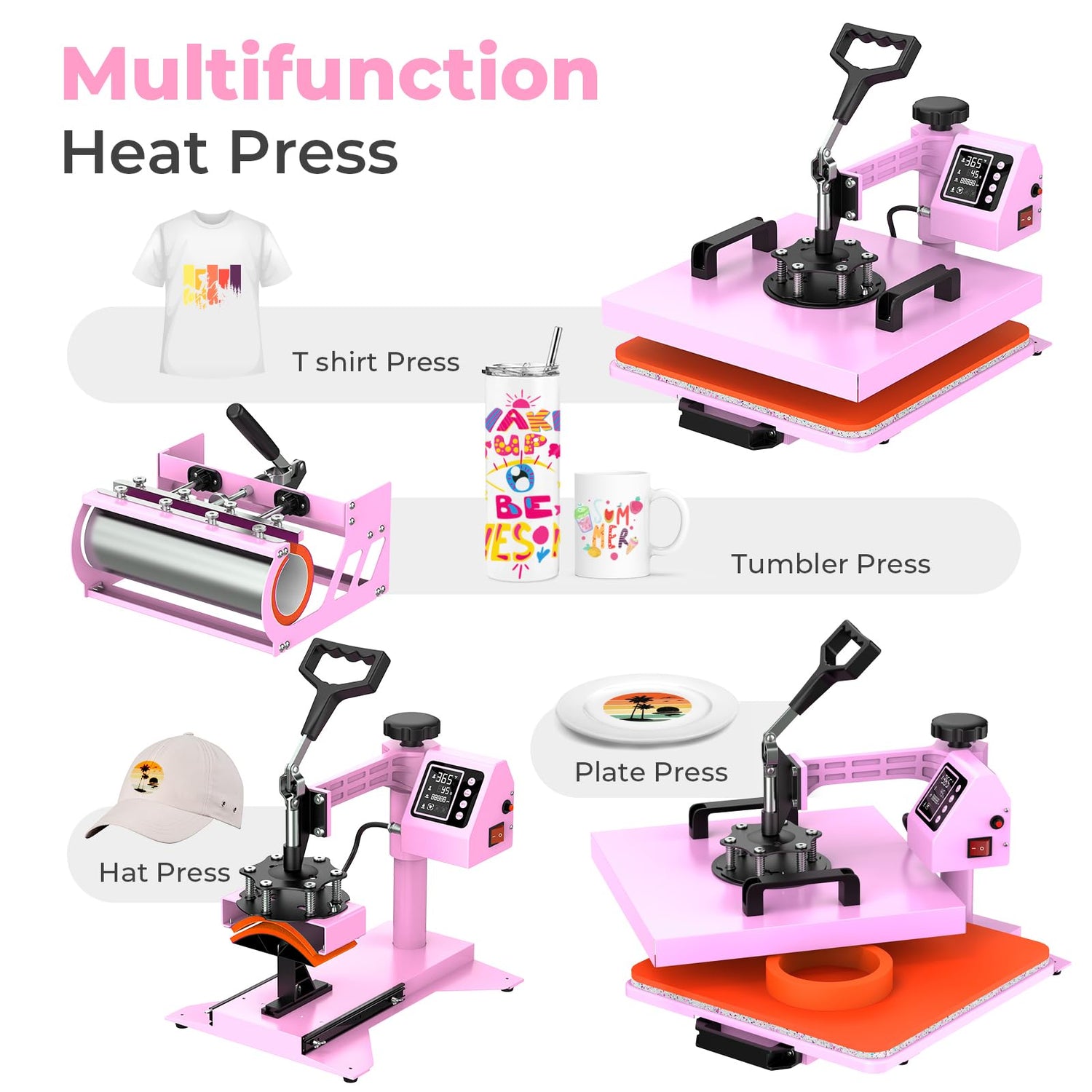 Pro 15x15 Heat Press with 30 OZ Tumbler Attachment, 8in1 Combo Tumbler Heat Press for T-Shirts, Tumblers Glass Cans Mugs Hats, and Plates (Pink) EnjoyColor