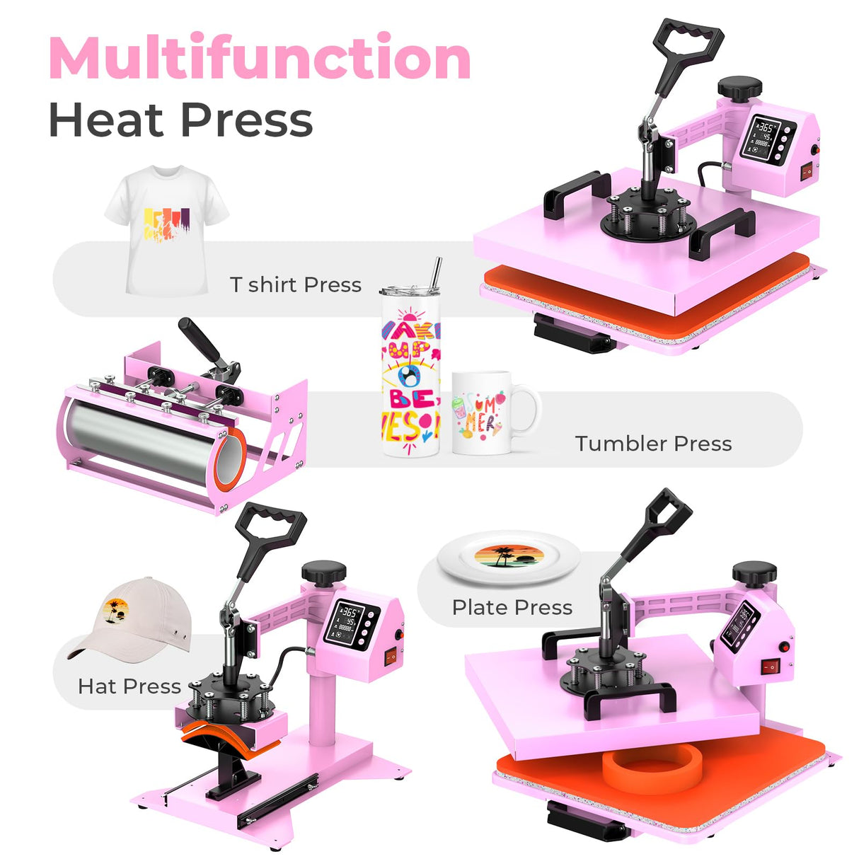 Pro 15x15 Heat Press with 30 OZ Tumbler Attachment, 8in1 Combo Tumbler Heat Press for T-Shirts, Tumblers Glass Cans Mugs Hats, and Plates (Pink) EnjoyColor