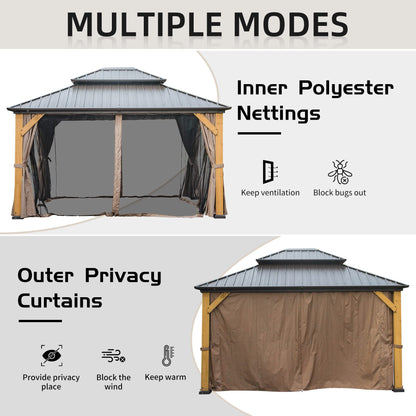 Domi Hardtop Gazebo 12’x14’ Cedar Frame Wood Gazebo with Galvanized Steel Double Roof, Outdoor Permanent Metal Gazebo with Curtains and Netting for