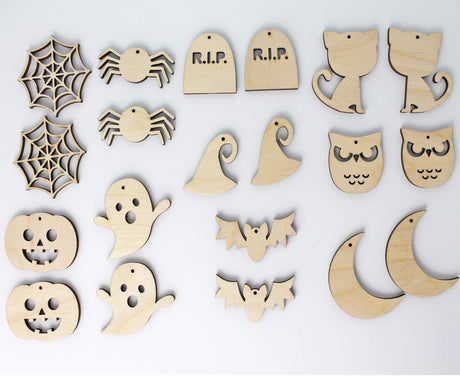 20 Halloween Unfinished Wood Laser Cut Earring Earrings Jewelry Crafts Blanks Owl,Ghost,Moon,Cat,Spider,Spiderweb,Pumpkin,Bat,Witch Hat,Tombstone Texan Wood Crafts