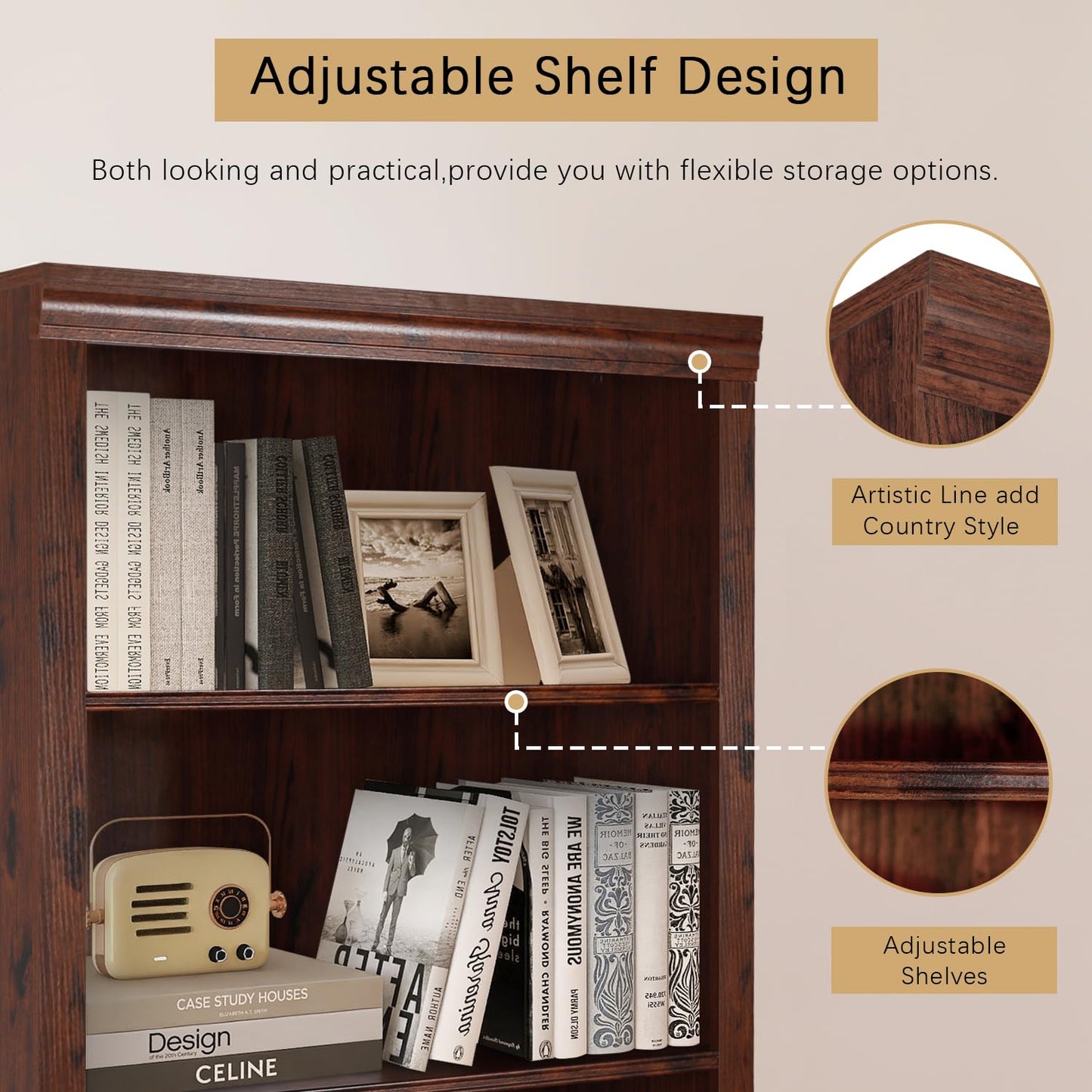 Vikiullf Cherry Wood Tall Bookshelf - 5 Adjustable Storage Shelves for Versatile Display - WoodArtSupply