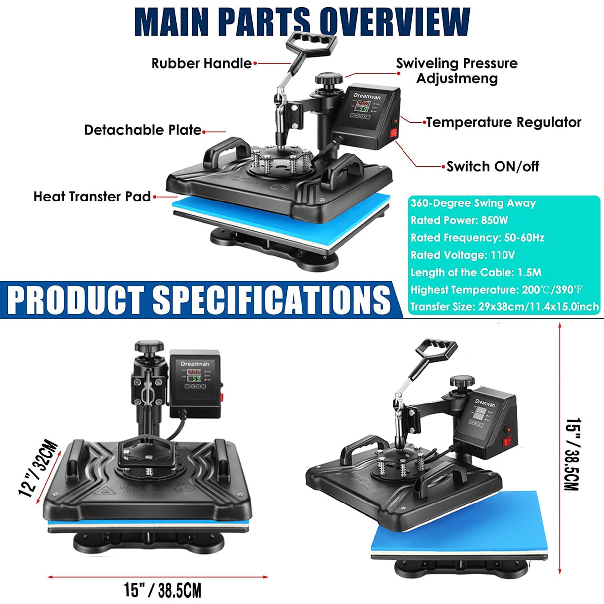 5 in 1 Heat Press Machine for t Shirts Heat Transfer Machine12" X 15"Swing Away Shirt Printing Multifunctional Sublimation Machine Digital Shirt AKEYDIY