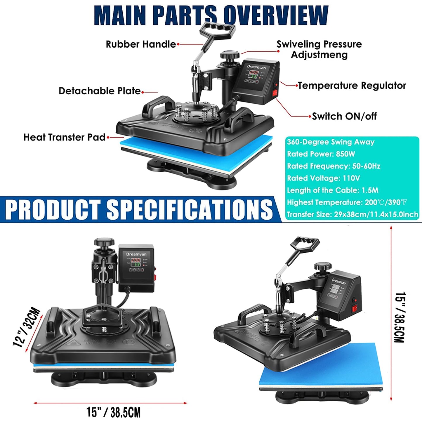 5 in 1 Heat Press Machine for t Shirts Heat Transfer Machine12" X 15"Swing Away Shirt Printing Multifunctional Sublimation Machine Digital Shirt - WoodArtSupply