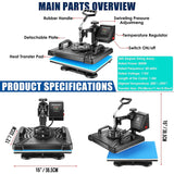 5 in 1 Heat Press Machine for t Shirts Heat Transfer Machine12" X 15"Swing Away Shirt Printing Multifunctional Sublimation Machine Digital Shirt AKEYDIY