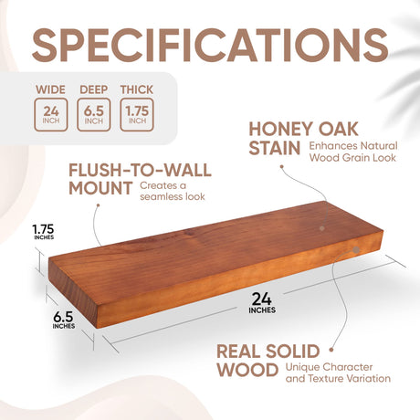 Homeforia Rustic Farmhouse Floating Shelves - Bathroom Wooden Shelves for Wall Mounted - Thick Industrial Kitchen Wood Shelf - 24 x 6.5 x 1.75 inch - Homeforia