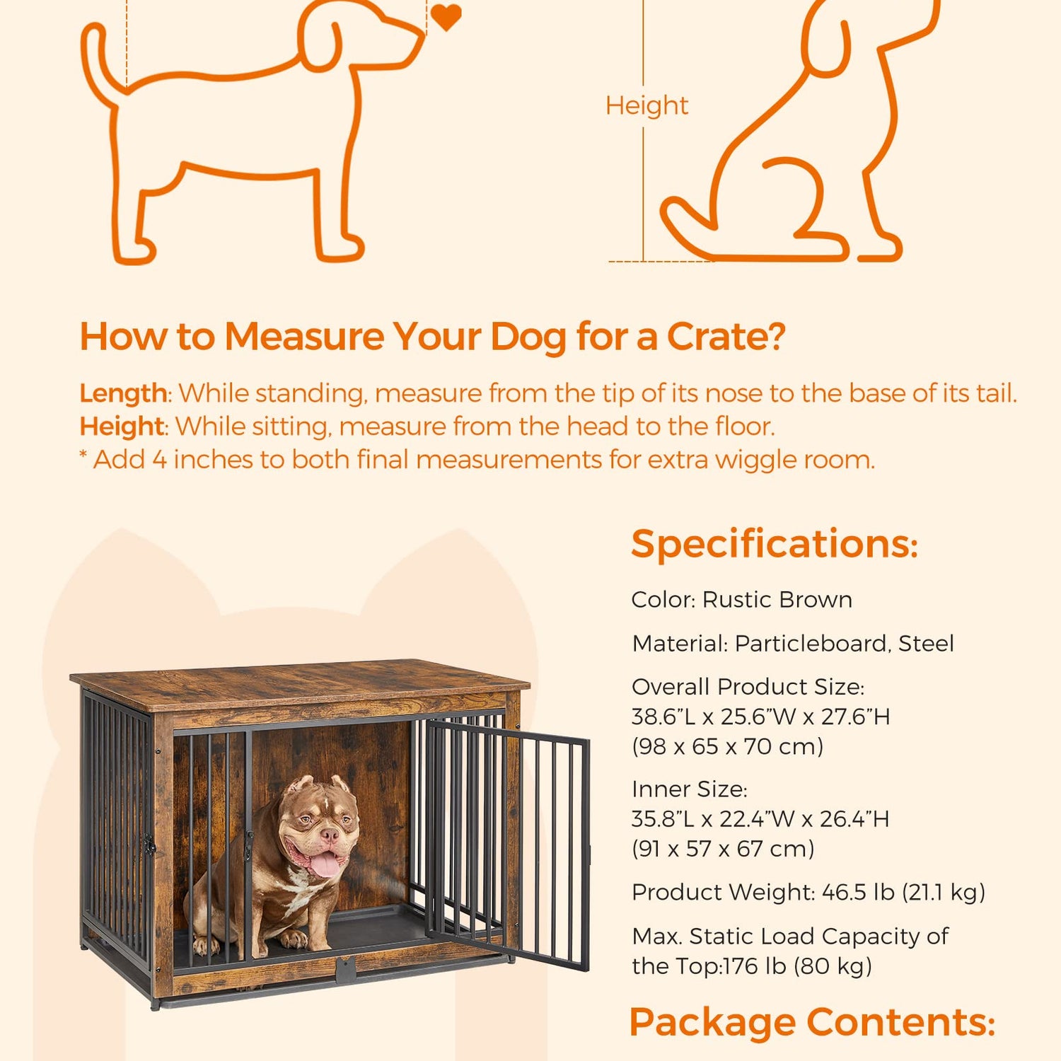 Feandrea Dog Crate Furniture, 38 Inches Dog Kennel for Dogs up to 70 lb, with Removable Tray, Heavy-Duty Dog Cage End Table, Double Doors Dog House, Feandrea
