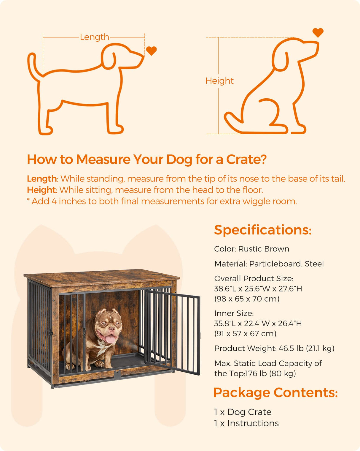 Feandrea Dog Crate Furniture, 38 Inches Dog Kennel for Dogs up to 70 lb, with Removable Tray, Heavy-Duty Dog Cage End Table, Double Doors Dog House, Feandrea