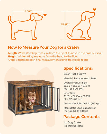 Feandrea Dog Crate Furniture, 38 Inches Dog Kennel for Dogs up to 70 lb, with Removable Tray, Heavy-Duty Dog Cage End Table, Double Doors Dog House, - WoodArtSupply