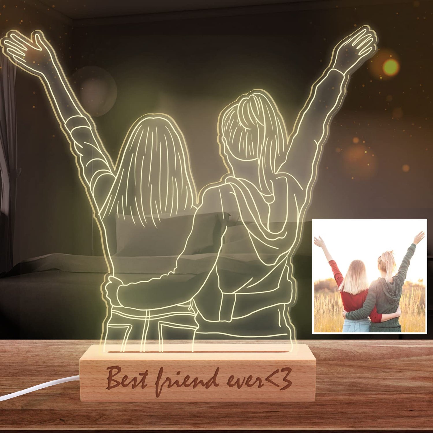 Uoffice5 Custom 3D Photo Lamp Personalized Picture Night Light with Wood Base Customized Portrait Illusion Light Engraved Anniversary Valentine's Day Uoffice5