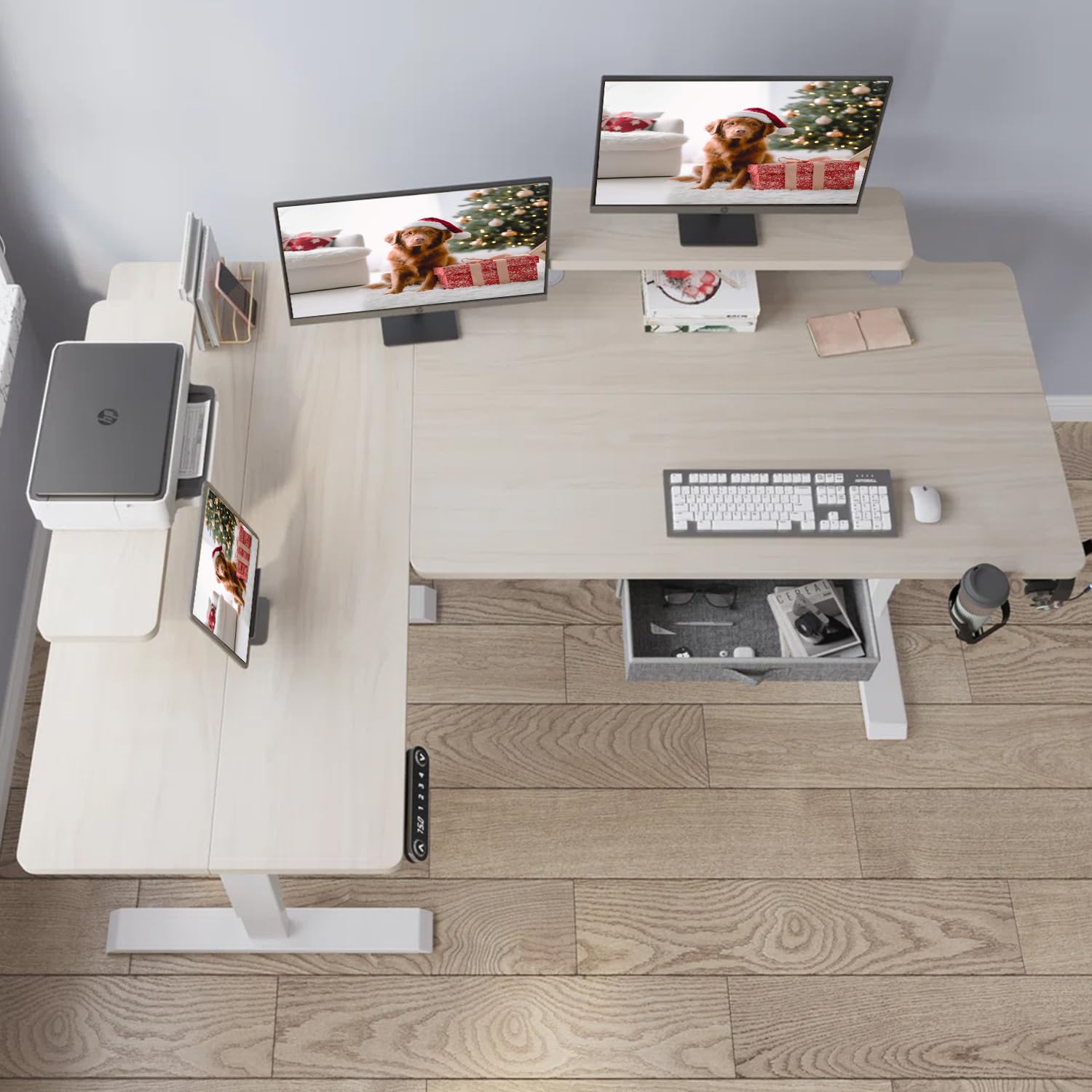 Sileye L Shaped Gaming Drawer Storage Shelf, Electric Adjustable Height, Corner Stand Up Desk with Splice Board for Home Office White Frame/Pale Sileye