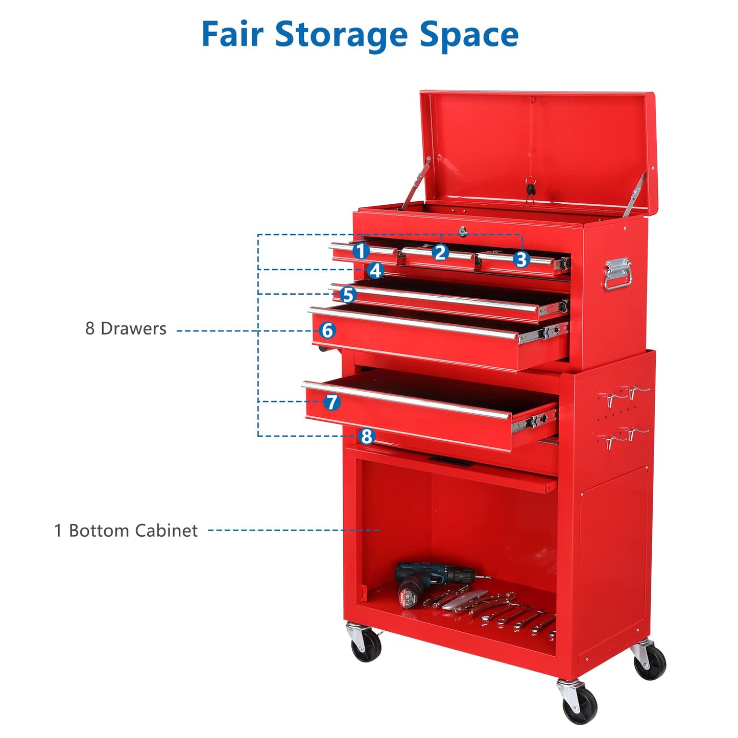 TUFFIOM 8-Drawer Rolling Tool Chest w/Lock & Key, Tool Storage Cabinet w/Wheels, Detachable Top, Drawers & Side Hooks, Mechanic Tool Organizer Box - WoodArtSupply