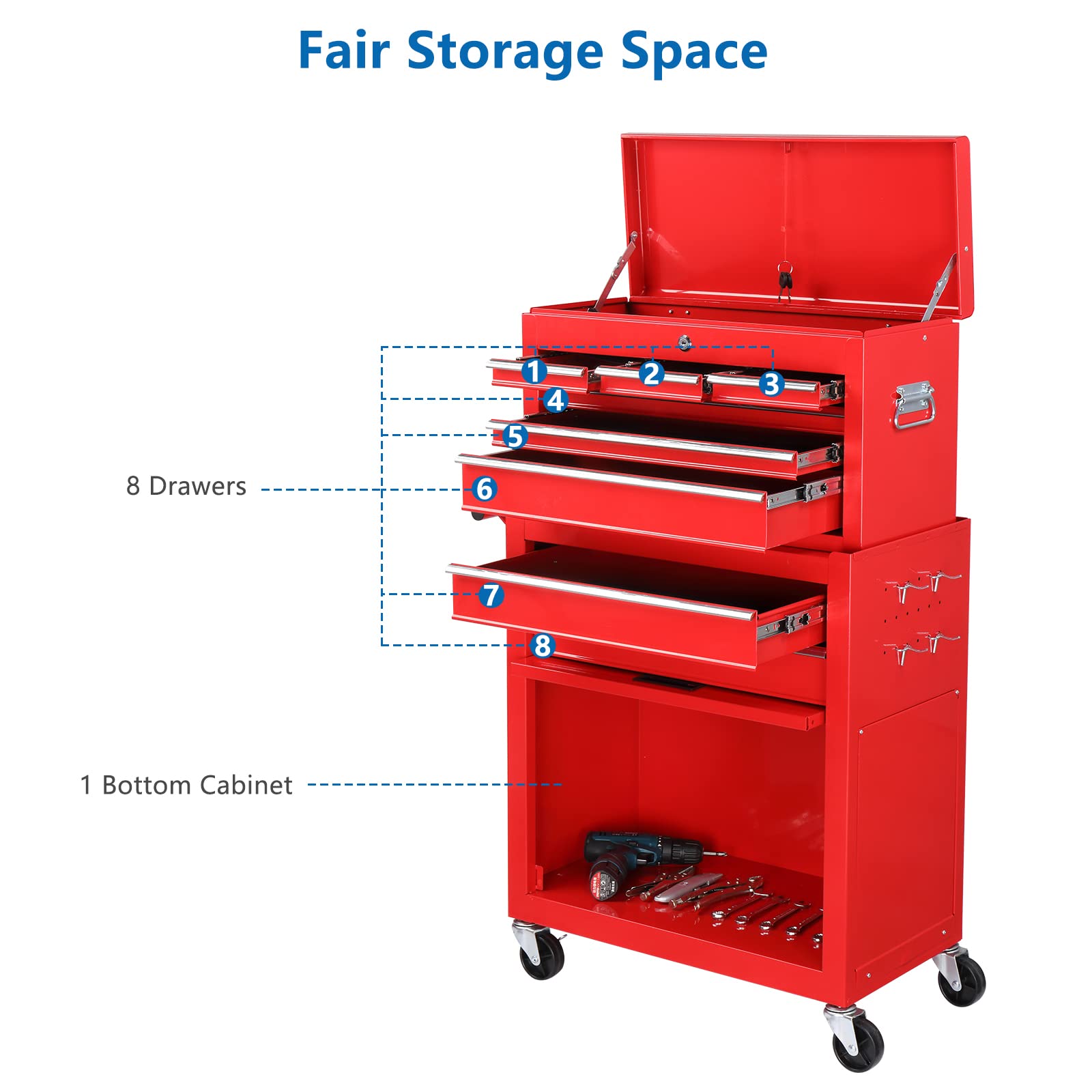 TUFFIOM 8-Drawer Rolling Tool Chest w/Lock & Key, Tool Storage Cabinet w/Wheels, Detachable Top, Drawers & Side Hooks, Mechanic Tool Organizer Box - WoodArtSupply