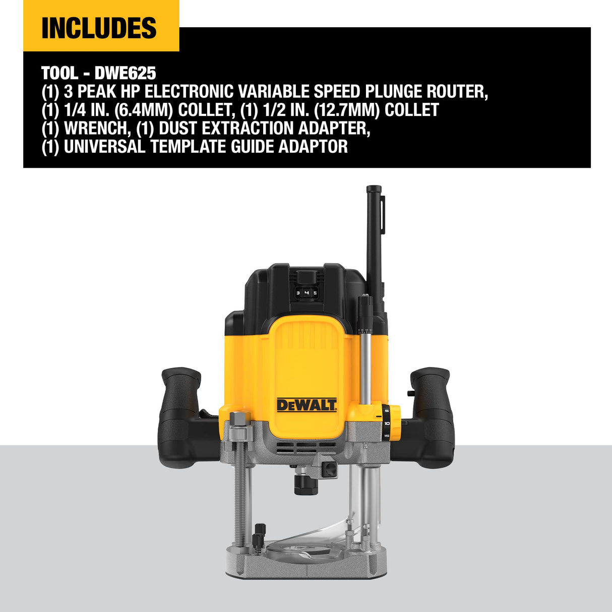 DEWALT Plunge Router 15 AMP, Includes Spindle Lock Button, 1/4” and 1/2” Collets, Built-In LED Light, Corded (DWE625) ,Yellow DEWALT