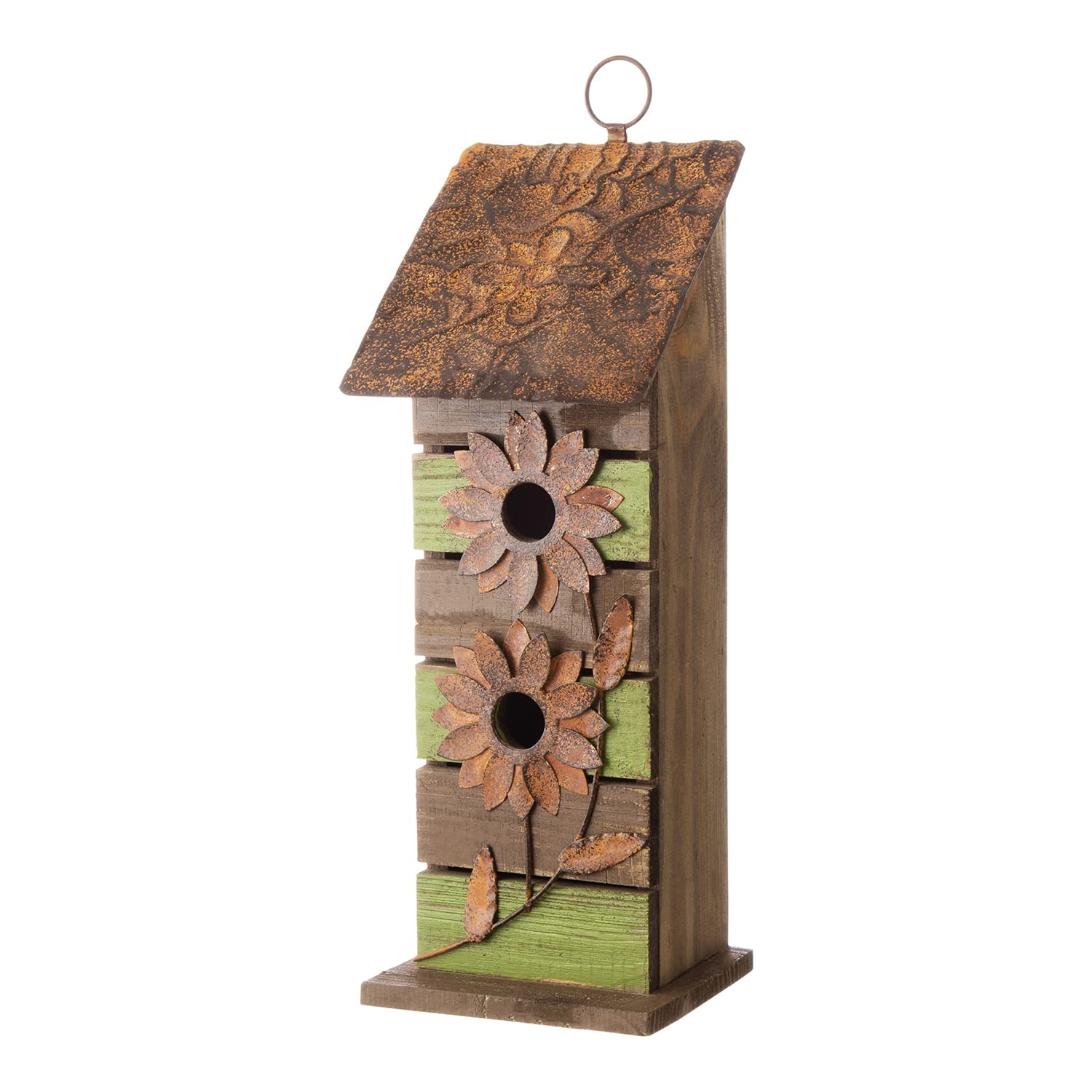 Glitzhome 14.5" H Wooden Garden Bird House Hanging Two-Tiered Distressed with Flowers Decorative Birdhouse - WoodArtSupply