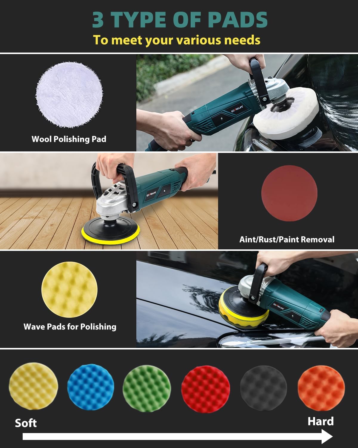 GEVEELIFE Buffer Polisher, 1600W, 7 Variable Speed 1000-3300 RPM Car Buffer Polisher Waxer with Grip, Detachable Handle for Car Polishing, Waxing - WoodArtSupply