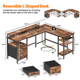 Furologee 66” L Shaped Desk with Power Outlet, Reversible Computer Desk with File Drawer & 2 Monitor Stands, Home Office Desk with Storage Shelves, Furologee