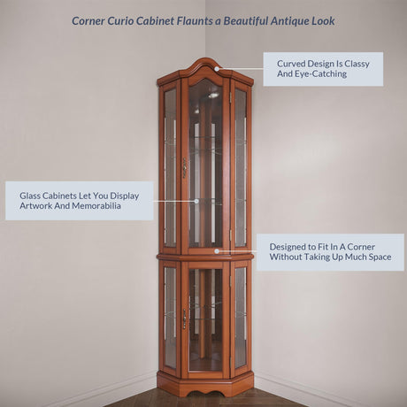 BELLEZE Lighted 3-Side Glass Display Curio Cabinet w/Tempered Glass Doors and Shelves, Curved Wood Corner Cabinet with Bulb, Corner Storage BELLEZE