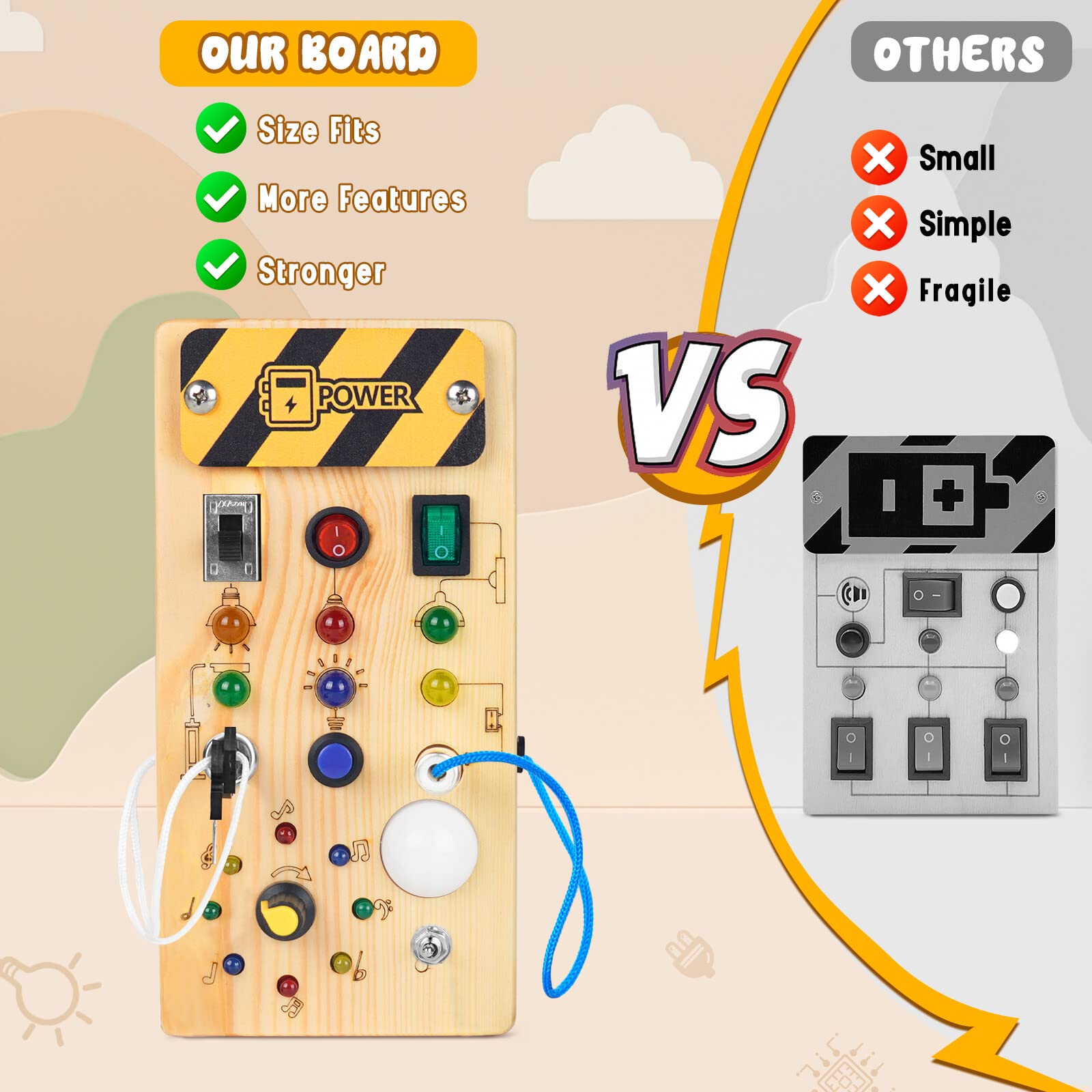 Montessori Wooden Busy Board with 8 LED Light switches, Sensory Toys Light Switch Travel Toys for 1+ Year Old Baby and Toddler - WoodArtSupply