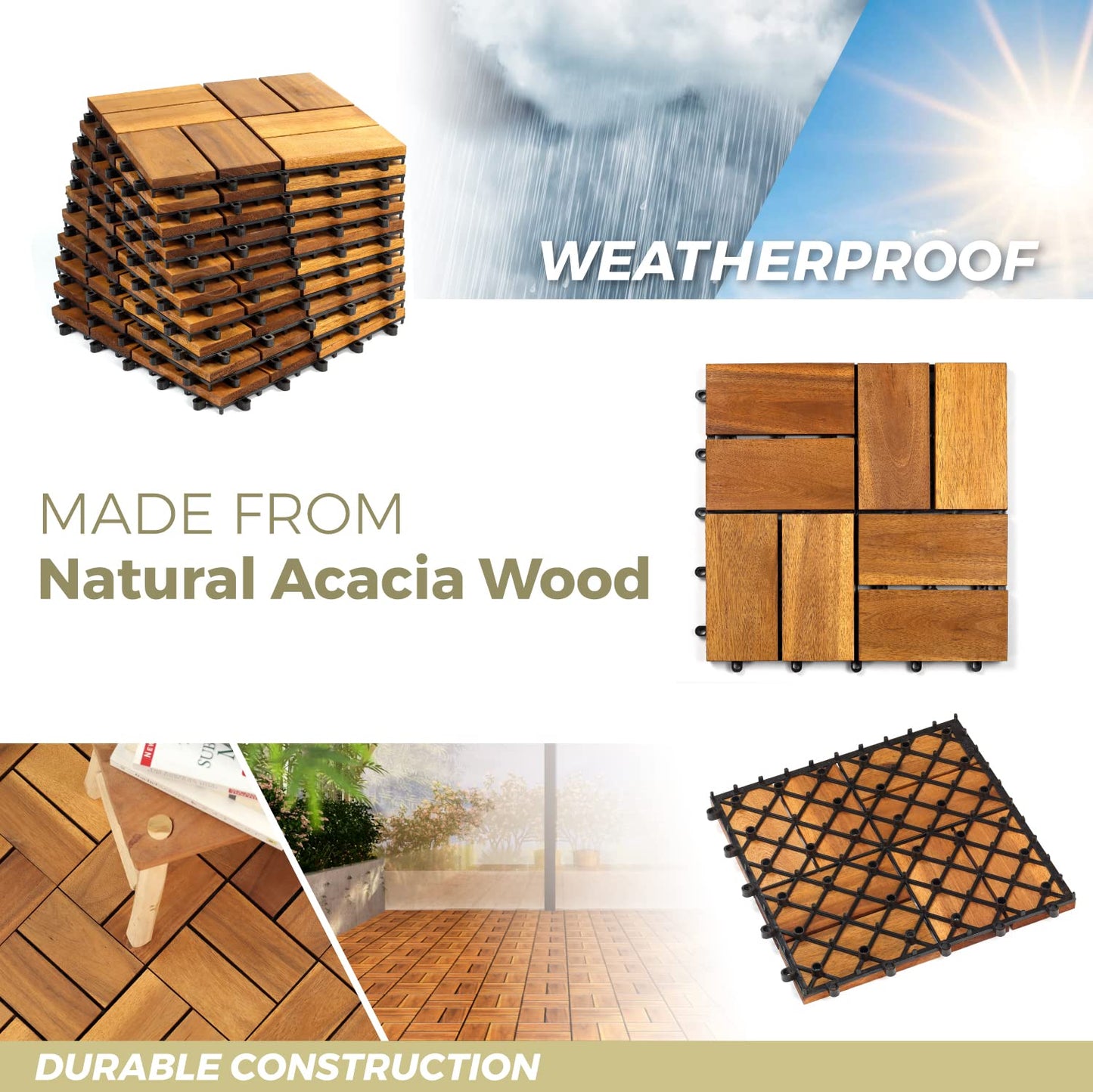 Solid Wood Interlocking Flooring Tiles (Pack of 10, 12" x 12"), Acacia Deck Tiles, Floor Tiles for Both Indoor and Outdoor Use, Waterproof All