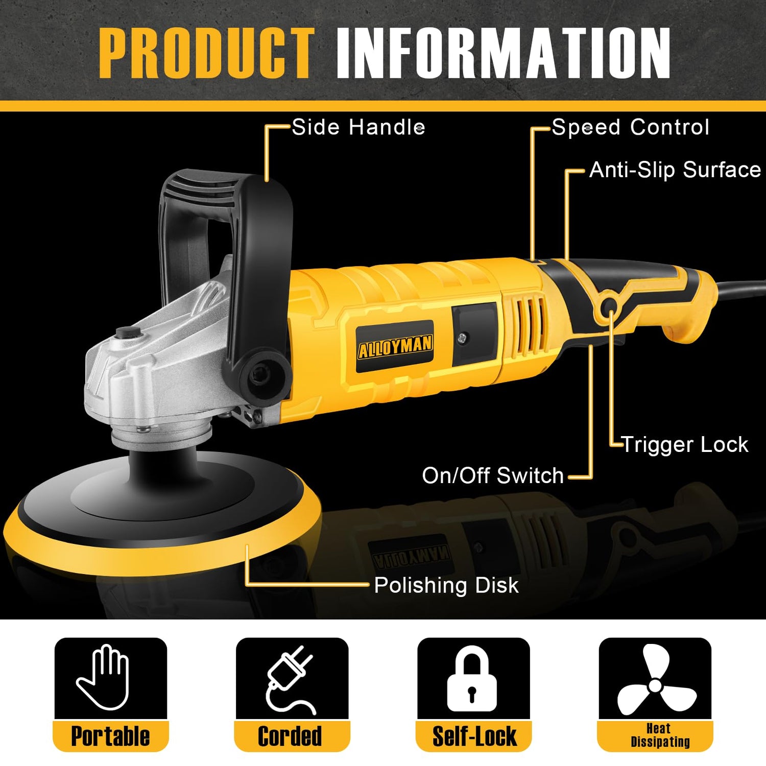 Alloyman Buffer Polisher, 1200W 7 Inch/6 Inch Car Polisher Set, 7 Variable Speed 600-3000 RPM, Car Polishers and Buffers with Detachable Handle for Alloyman