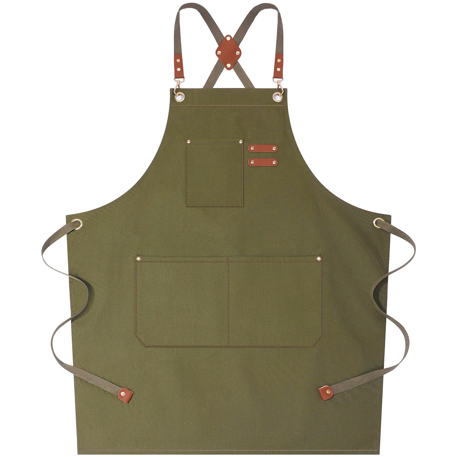AFUN Chef Aprons for Women Men with Large Pockets, Cotton Canvas Cross Back Water Repellent Work Apron, Size M to XXL (Greygreen) AFUN