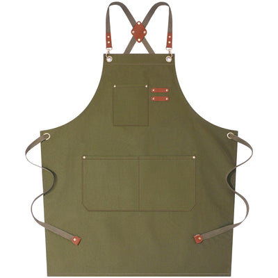 AFUN Chef Aprons for Women Men with Large Pockets, Cotton Canvas Cross Back Water Repellent Work Apron, Size M to XXL (Greygreen)