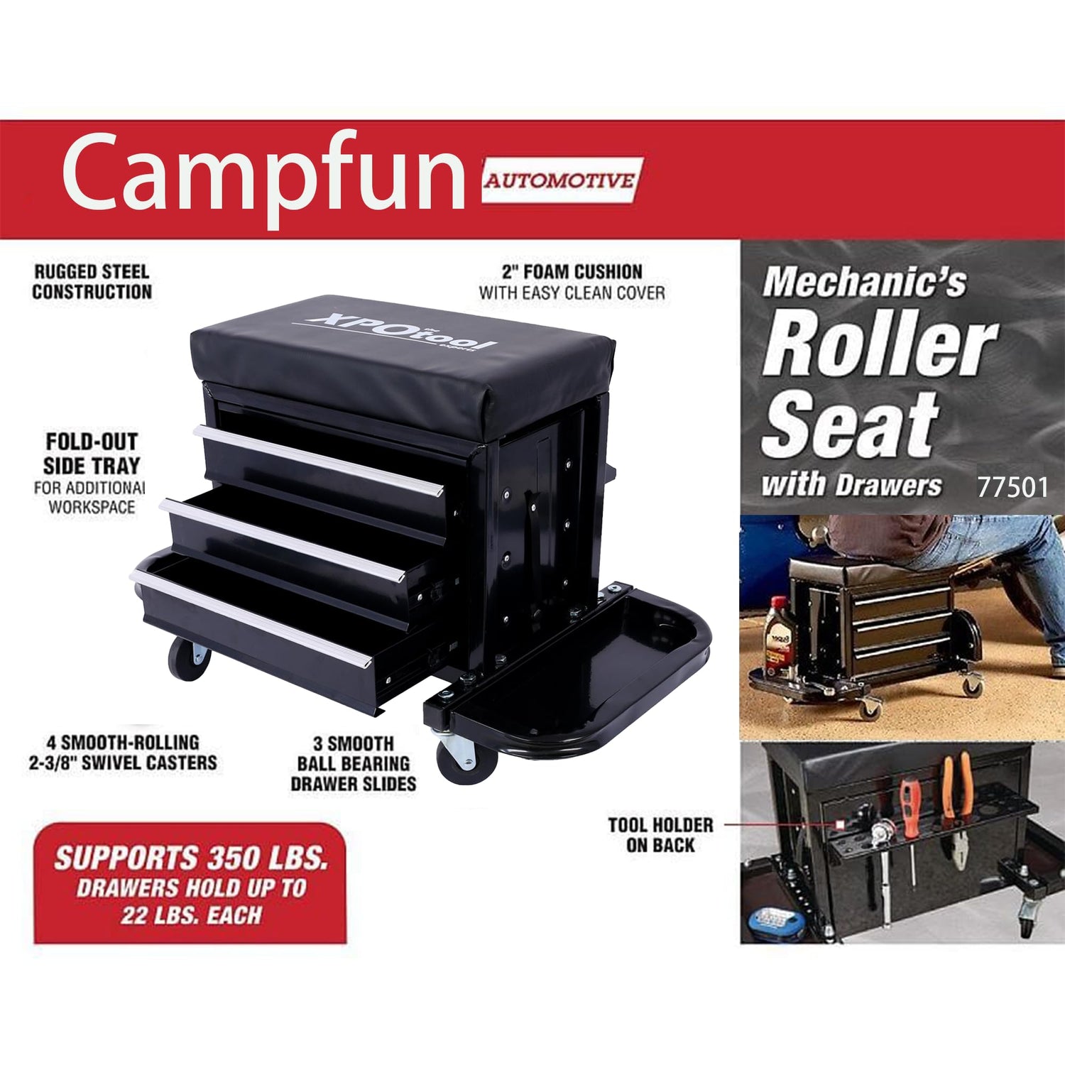 Campfun Rolling Creeper Seat, 350-Pound Capacity Garage Glider Rolling Tool Chest Seat, Mechanics Roller Seat with 3 Drawers, Rolling Tool Chest Campfun