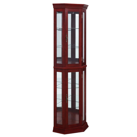 BELLEZE Lighted Wooden Corner Display Curio Cabinet, Two Section Shelving Unit with Tempered Glass Door, Bar and Liquor Storage Area with 6 Shelves - BELLEZE