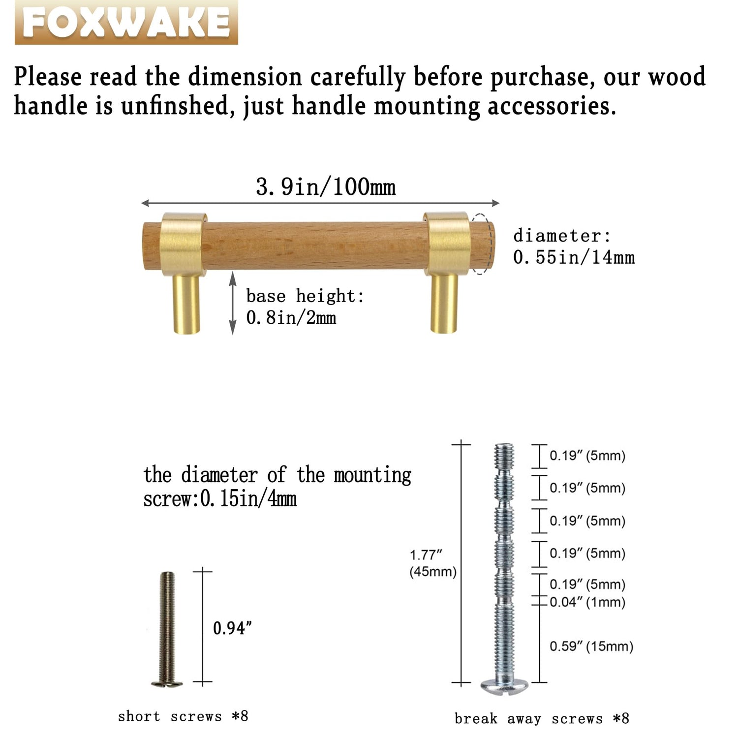 foxwake Wood and Brass Dresser Handles 0~3 Inch Double Hole 4Set Adjustable Center to Center Euro Scandi-Modern Kitchen Cabinet Pull, Unfinished DIY foxwake