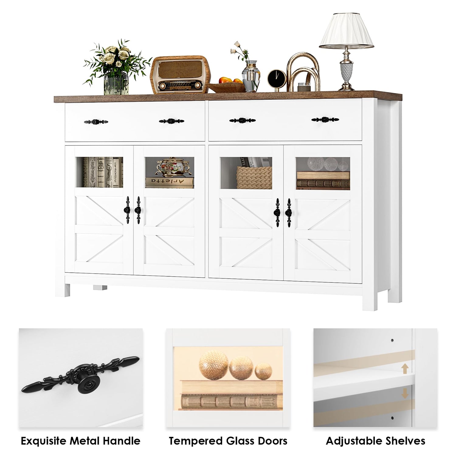 finetones Buffet Cabinet with Storage, 55.1" Large Sideboard Buffet Cabinet, Farmhouse Sideboard Kitchen Cabinet with 2 Drawers and 4 Doors, Wood finetones