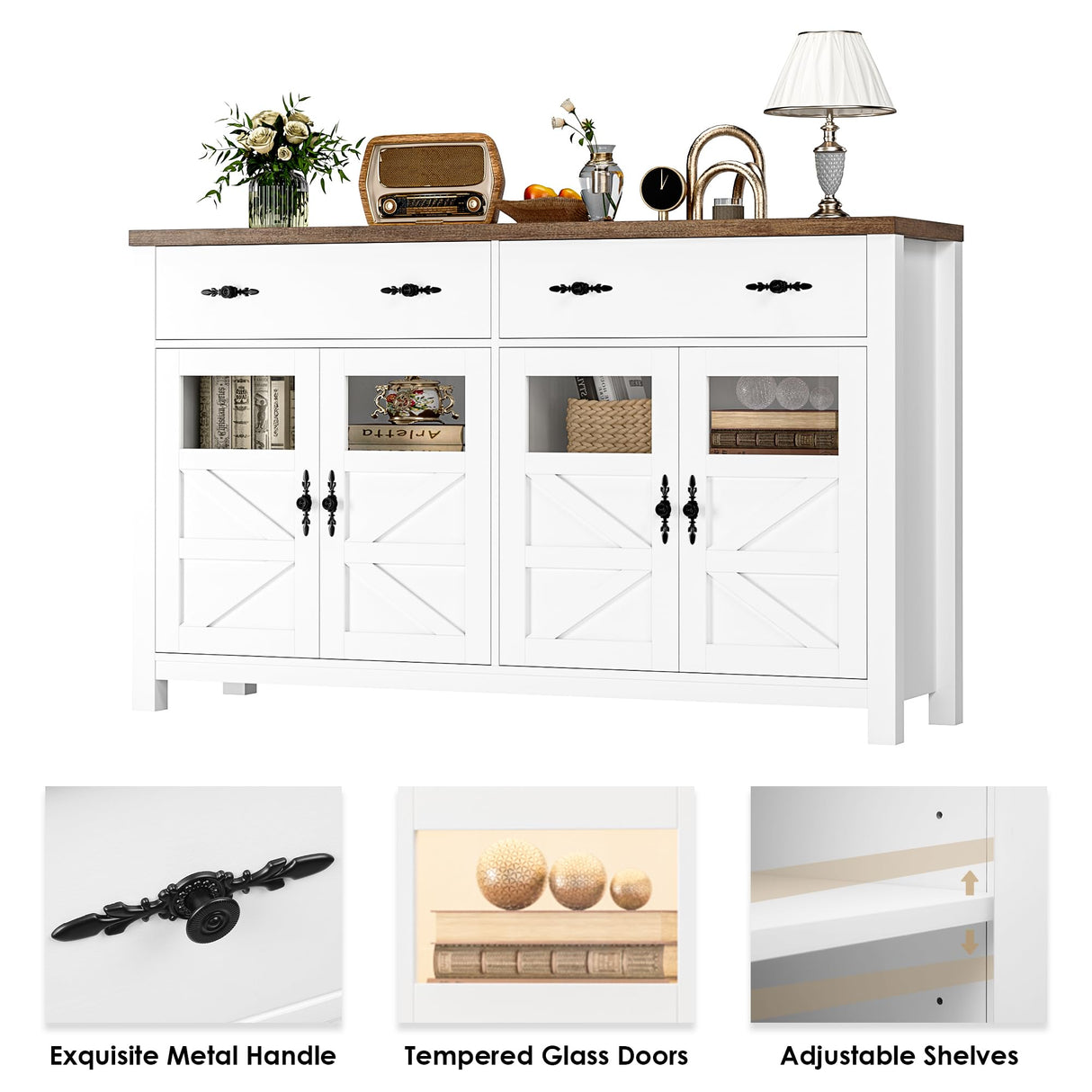 finetones Buffet Cabinet with Storage, 55.1" Large Sideboard Buffet Cabinet, Farmhouse Sideboard Kitchen Cabinet with 2 Drawers and 4 Doors, Wood finetones