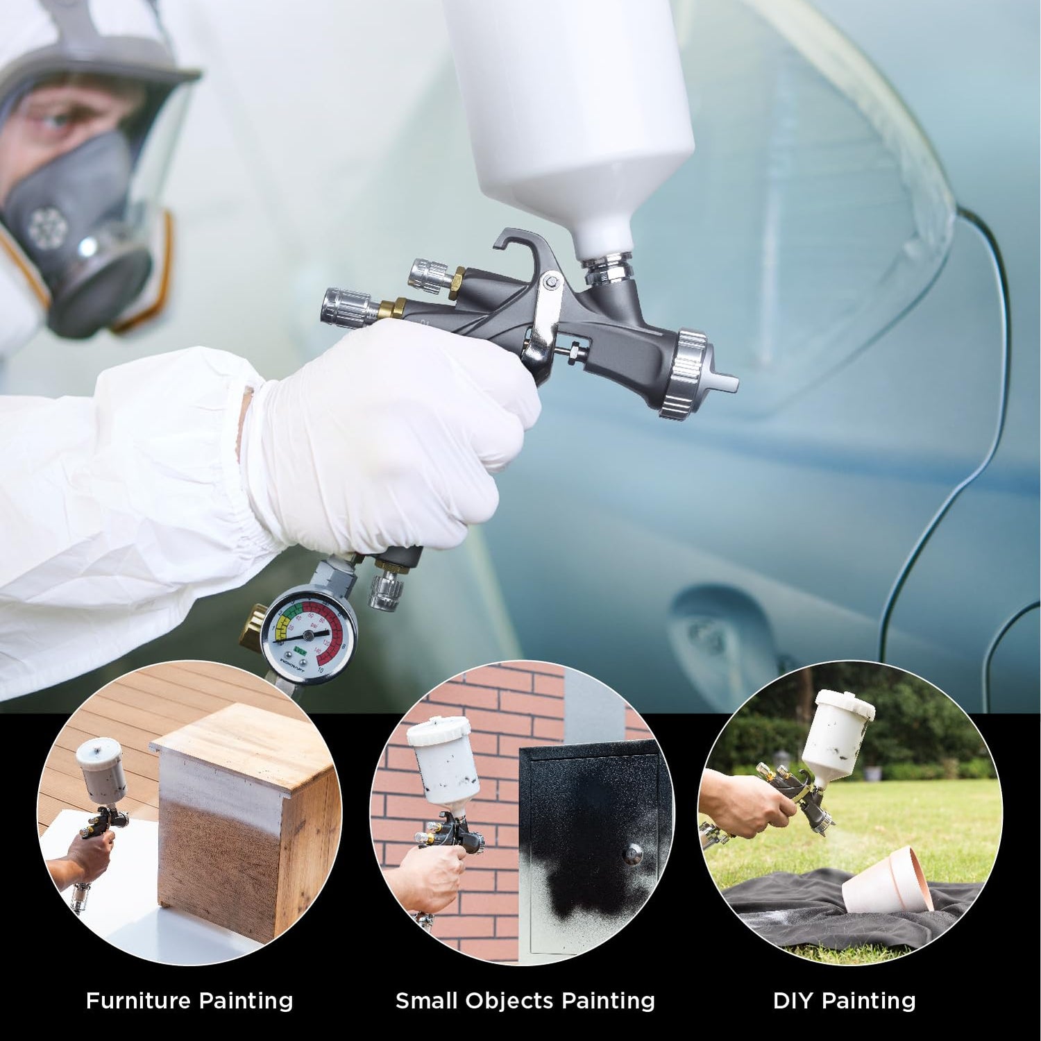 InoKraft D1 LVLP Air Spray Gun Premium Kit, Easy to Use, Paint Gun for Cars & House DIY Painting, 1.3/1.5/1.7mm Nozzles, with Paint Sprayer InoKraft