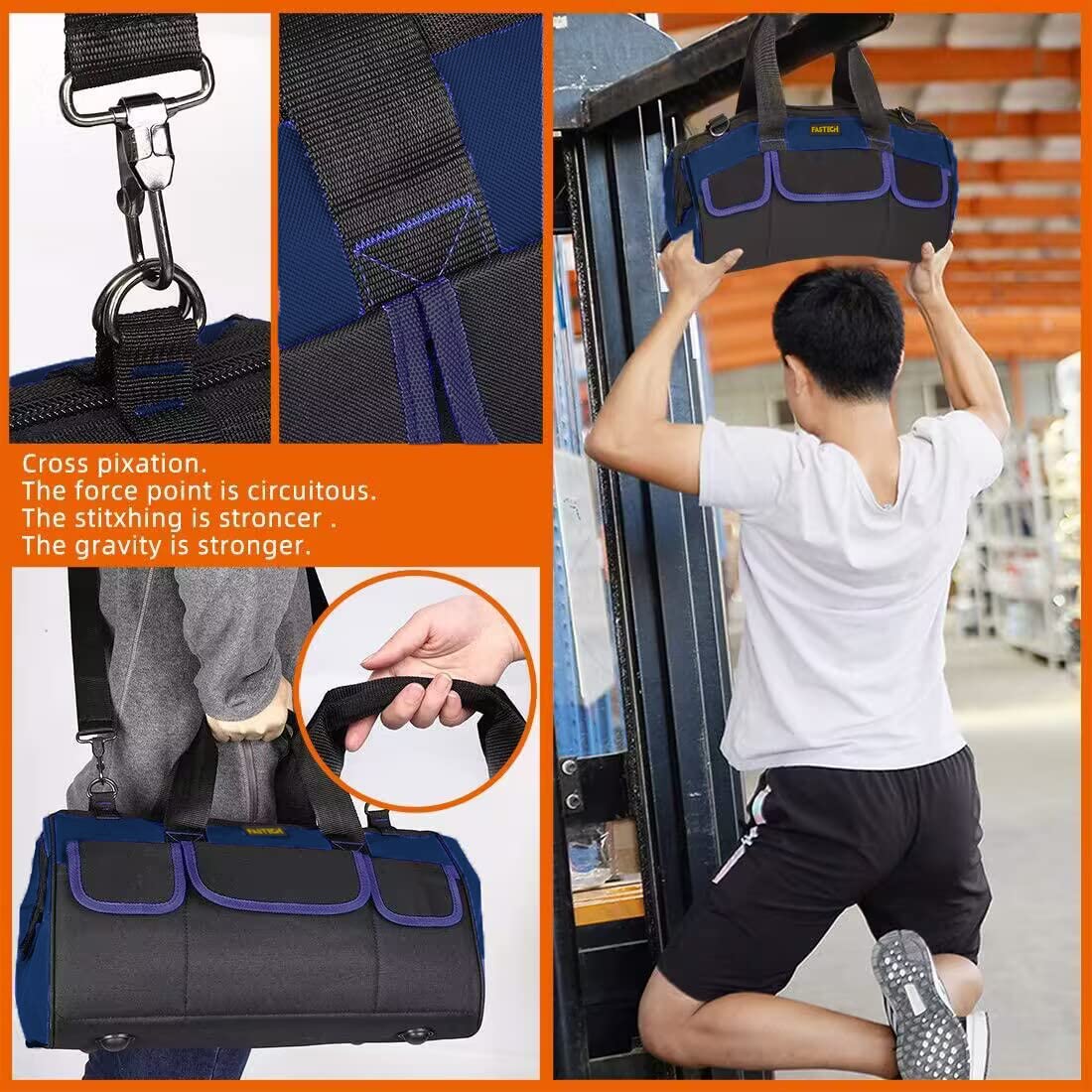 FASTECH 20 Inch Heavy Duty Tool Bag with Wide Mouth for Tool Storage,Carrier and Organizer,Tool Bag for Men/Women, Wide Mouth Tool Bag with Inside FASTECH