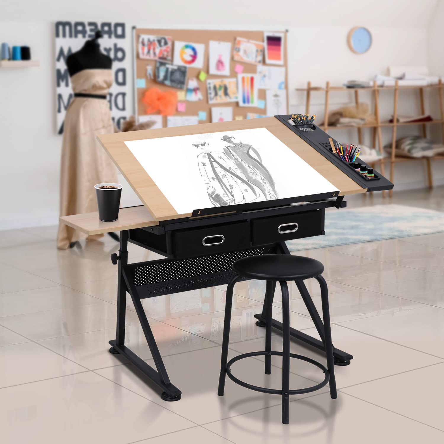 ZENY Drafting Table Art Desk Drawing Table Height Adjustable Artist Table Tilted Tabletop w/Drafting Stool and Storage Drawer for Reading, Writing, ZENY