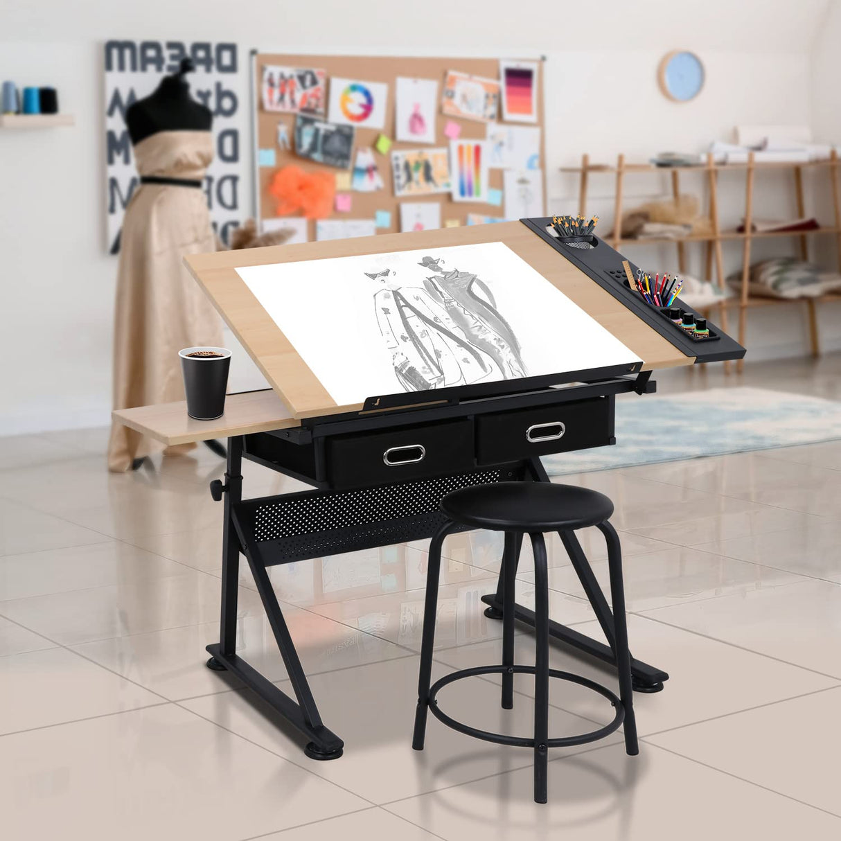 ZENY Drafting Table Art Desk Drawing Table Height Adjustable Artist Table Tilted Tabletop w/Drafting Stool and Storage Drawer for Reading, Writing, ZENY