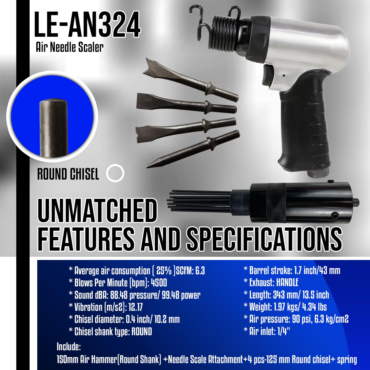 LE LEMATEC LE-AN324K 4800 BPM, Air Needle Scaler Gun with Hammer Chisel Kit, Pneumatic Tool Set, Heavy Duty Rust, Weld and Paint Remover, Metal LE LEMATEC