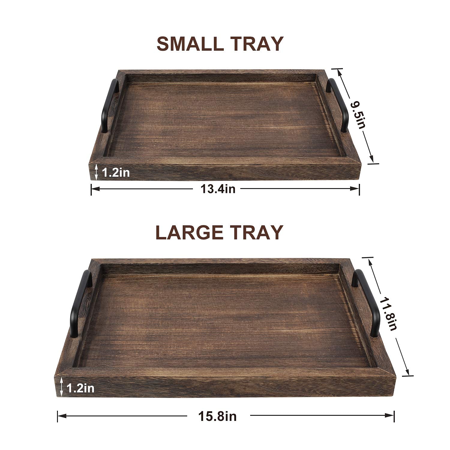 LIBWYS Rustic Wooden Serving Trays with Handle-Set of 2-Decorative Nesting Food Board Platters for Breakfast, Coffee Table/Butler (Large LIBWYS