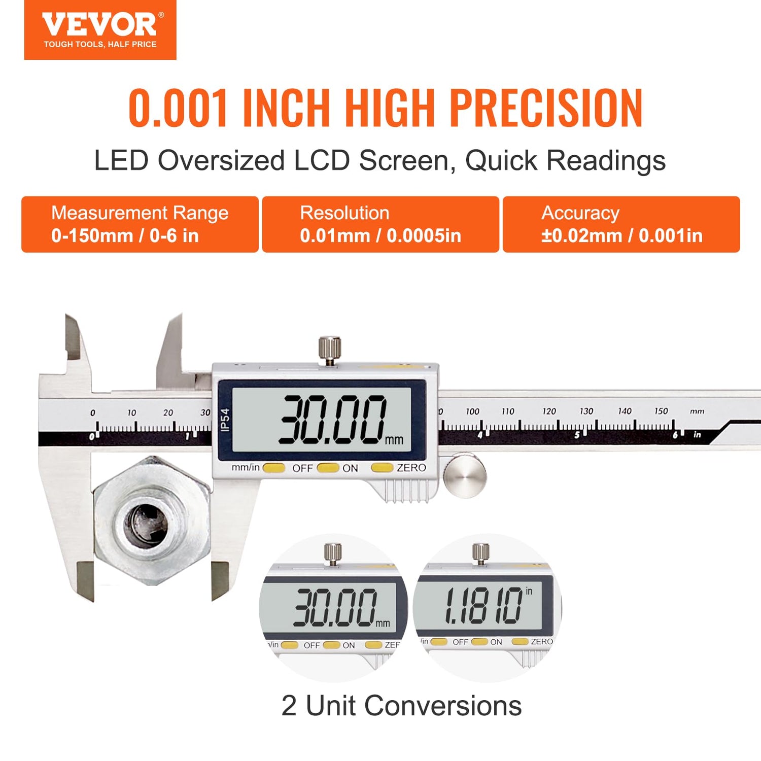 VEVOR Digital Caliper, Calipers Measuring Tool 0-6", Electronic Micrometer Caliper with Large LCD Screen, IP54 Waterproof & 4 Measurement Modes, Inch VEVOR