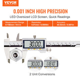 VEVOR Digital Caliper, Calipers Measuring Tool 0-6", Electronic Micrometer Caliper with Large LCD Screen, IP54 Waterproof & 4 Measurement Modes, Inch VEVOR