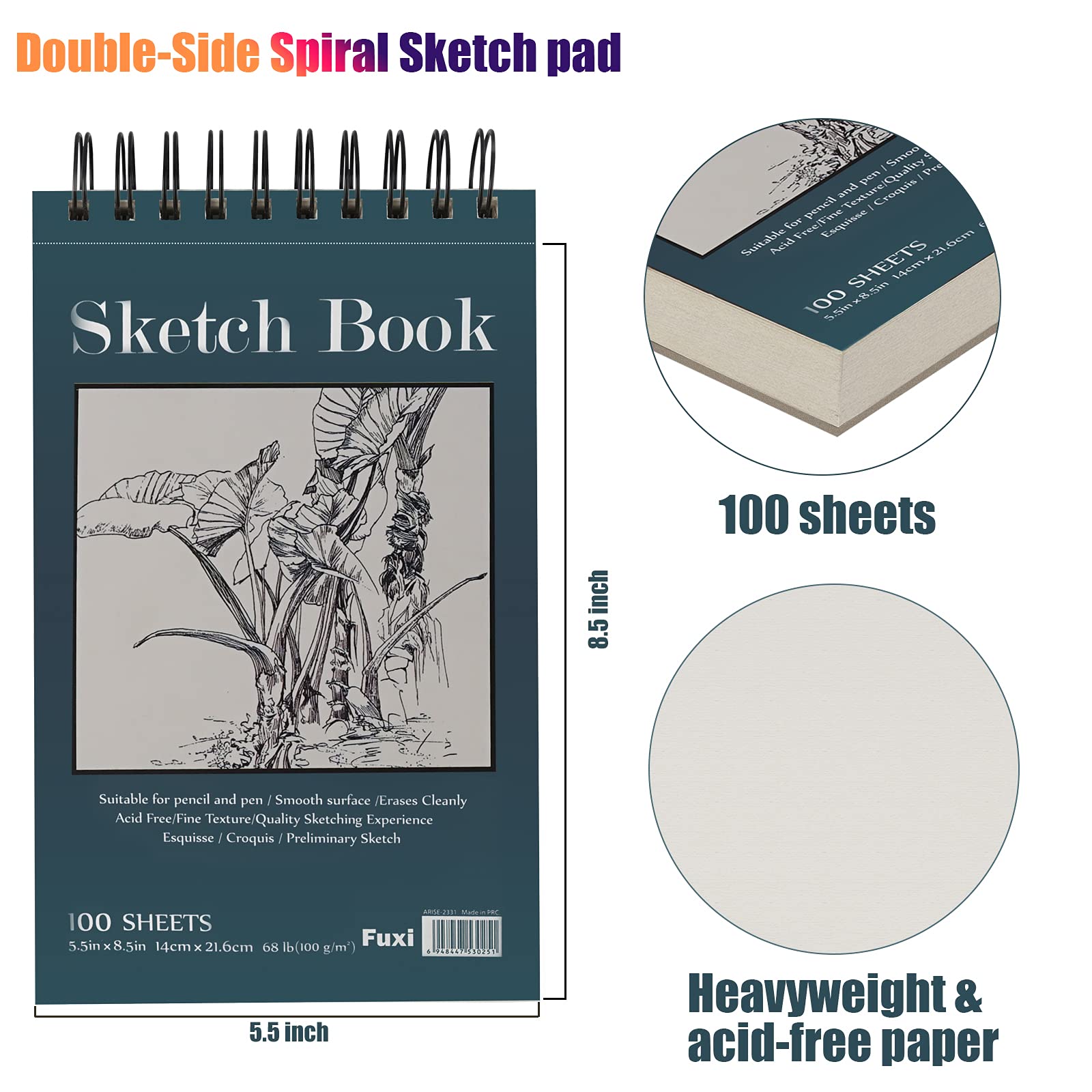 5.5" x 8.5" Sketchbook Set, Top Spiral Bound Sketch Pad, 2 Packs 100-Sheets Each (68lb/100gsm), Acid Free Art Sketch Book Artistic Drawing Painting - WoodArtSupply