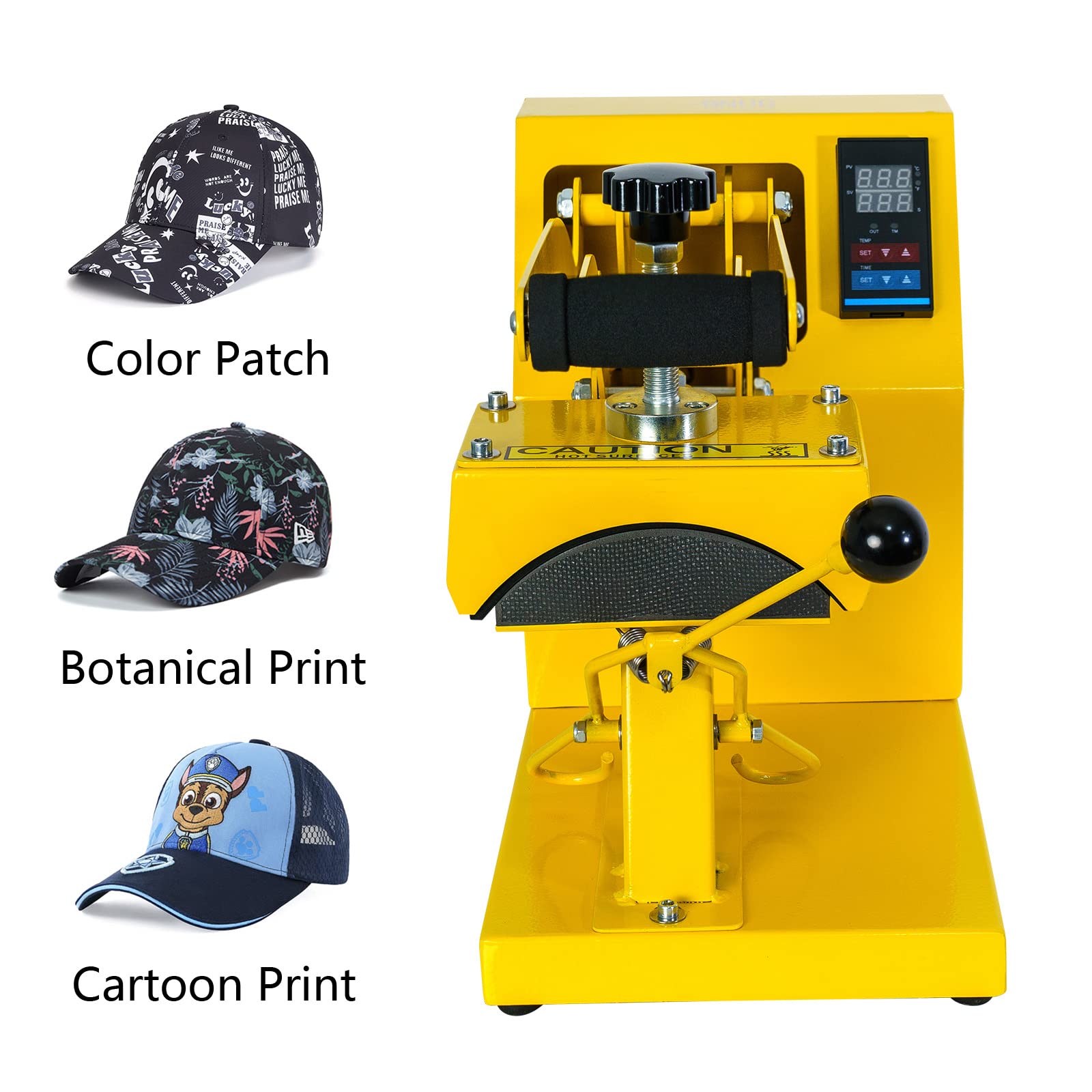 Cap Heat Press Machine Clamshell Design Rigid Steel Frame Curved Hat Press Digital LCD Timer and Temperature Control, Yellow - WoodArtSupply