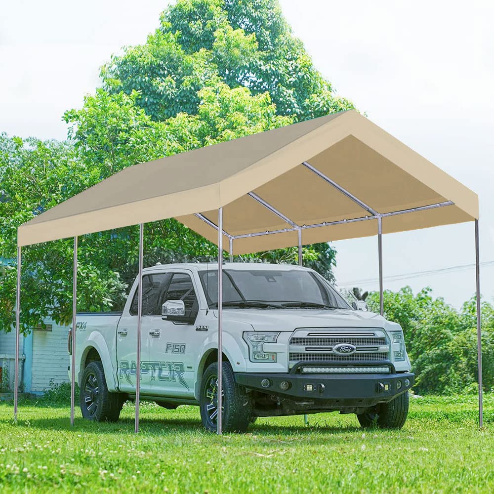 Rutile 12'x20' Carport Canopy ONLY Tent Garage Replacement Top Tarp Car Shelter Cover w/Ball Bungees Beige (Only Top Cover, Frame is not Included) WoodArtSupply