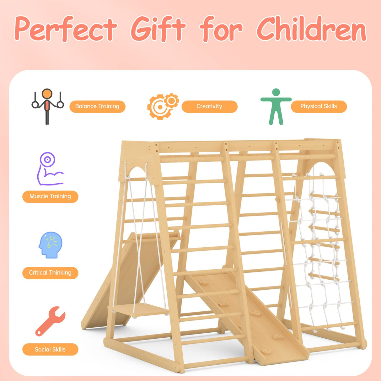 Toddler Climbing Toys Indoor, 66inch Indoor Jungle Gym, 8-in-1 Wooden Indoor Playground Set with Swing, Rock Climb Wall, Slide, Monkey Bars, Wood & YueYueFa