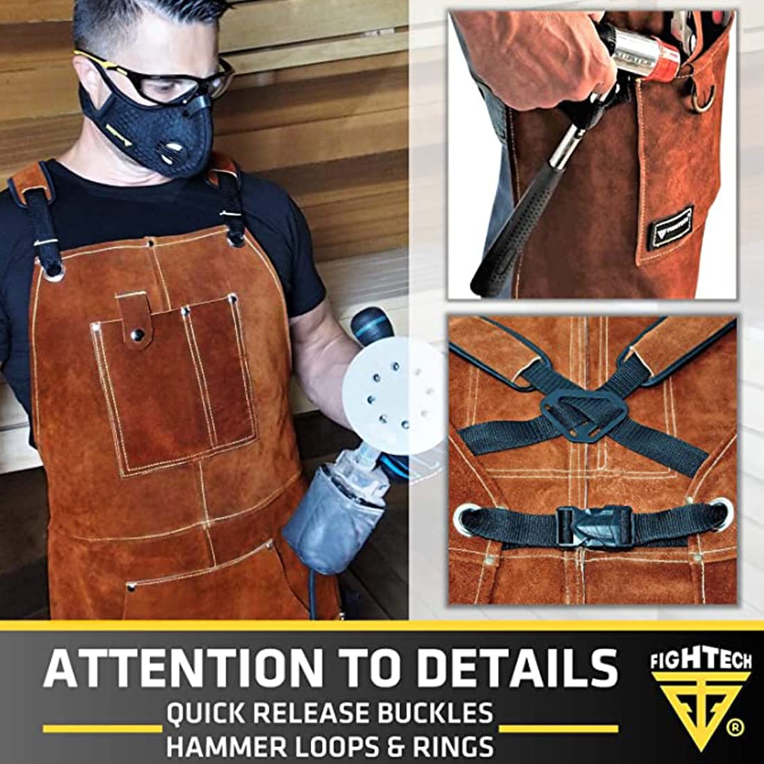 FIGHTECH® Leather Work Apron with Tool Pockets For Welding w Kevlar Stitching | Woodworking Shop | Adjustable M-XXL (Brown, Leather) FIGHTECH