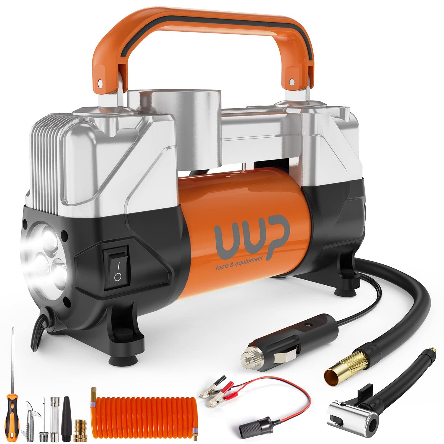 UUP Tire Inflator Air Compressor, 150PSI 12V DC Double Cylinders Heavy Duty Portable Air Pump w/Emergency LED Light for Truck, SUV, Car, RV UUP