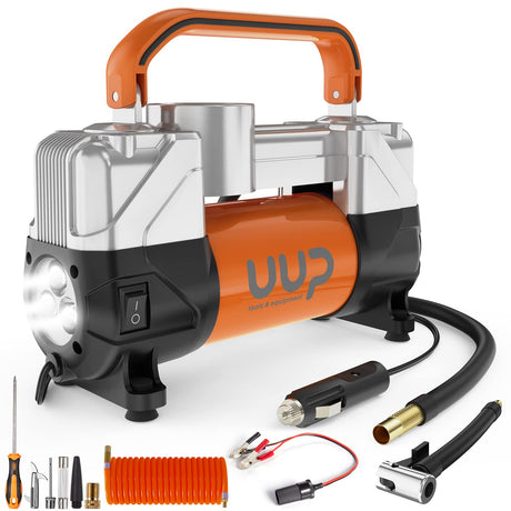 UUP Tire Inflator Air Compressor, 150PSI 12V DC Double Cylinders Heavy Duty Portable Air Pump w/Emergency LED Light for Truck, SUV, Car, RV UUP