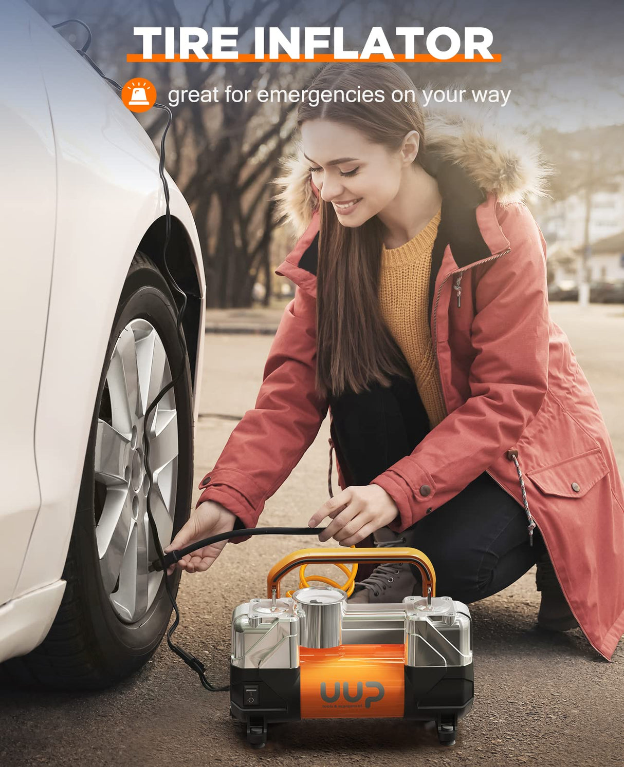 UUP Tire Inflator Air Compressor, 150PSI 12V DC Double Cylinders Heavy Duty Portable Air Pump w/Emergency LED Light for Truck, SUV, Car, RV UUP